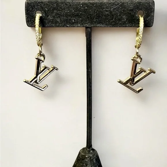 Upcycled LV Louis Vuitton Stamped Charm Dangle Earrings - Picture 3 of 9